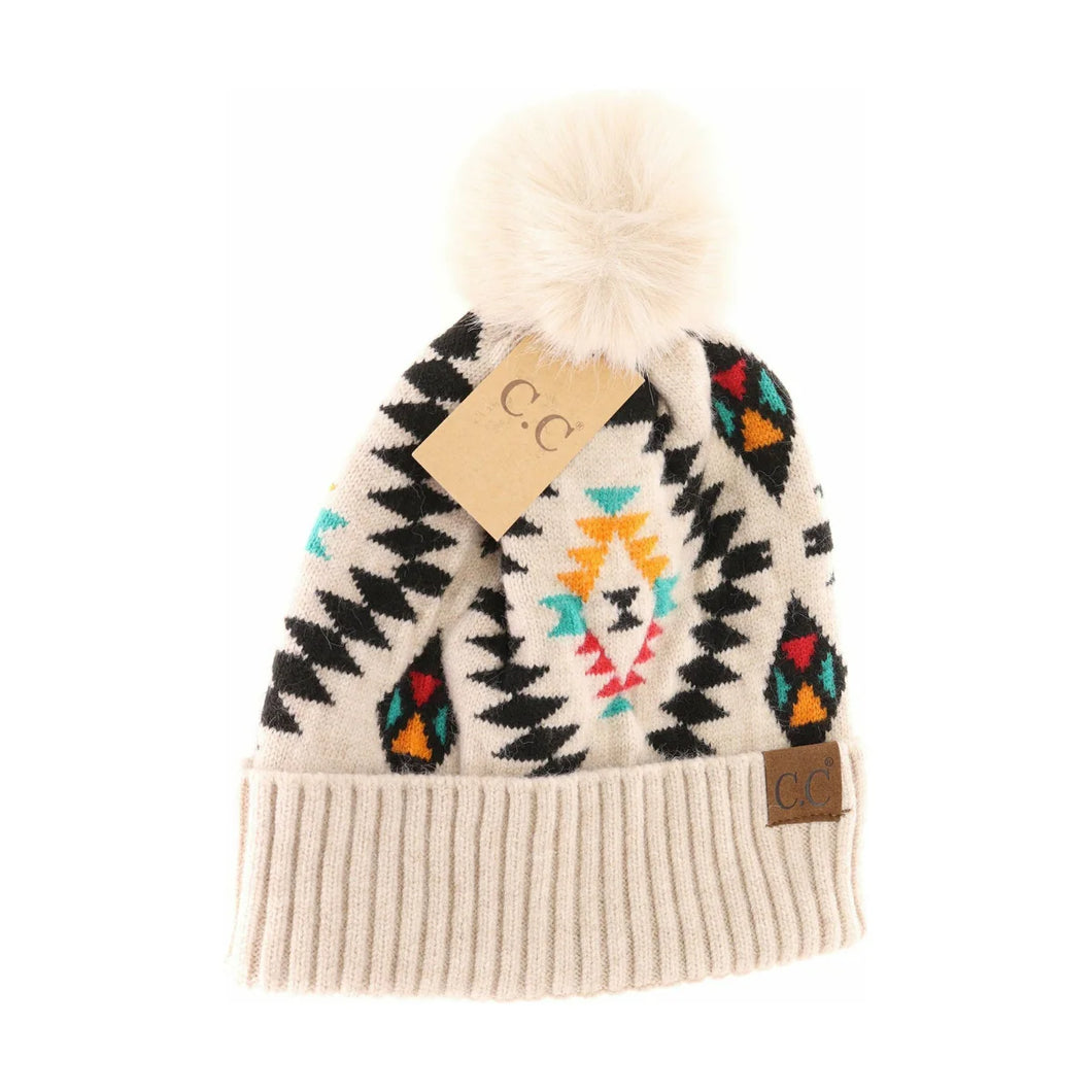 Aztec Patterned Faux Fur Pom C.C Beanie