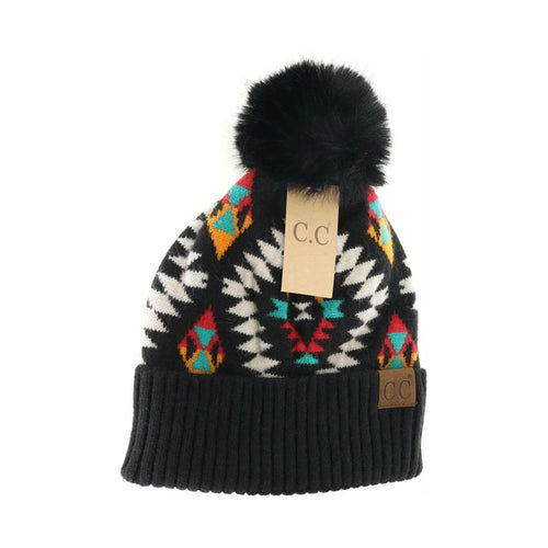 Aztec Patterned Faux Fur Pom C.C Beanie-Black