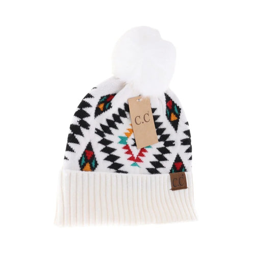 Aztec Patterned Faux Fur Pom C.C Beanie White