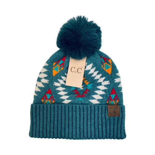 Aztec Patterned Faux Fur Pom C.C Beanie Forest Green