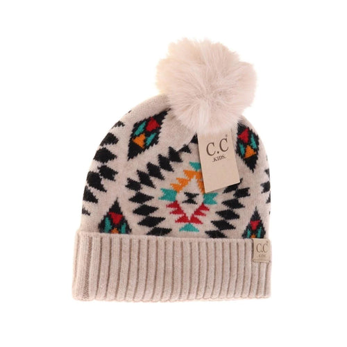 KIDS Aztec Patterned Faux Fur Pom C.C Beanie Beige