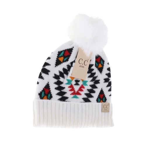 KIDS Aztec Patterned Faux Fur Pom C.C Beanie White