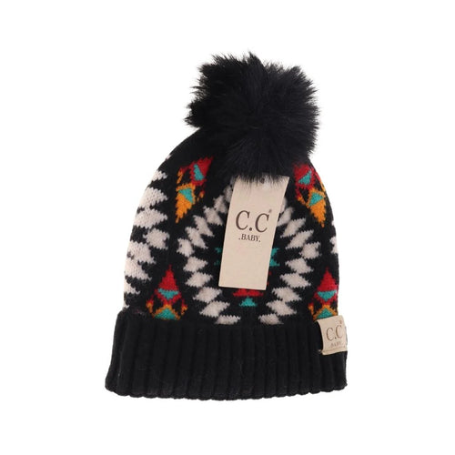 BABY Aztec Patterned Faux Fur Pom C.C Beanie Black